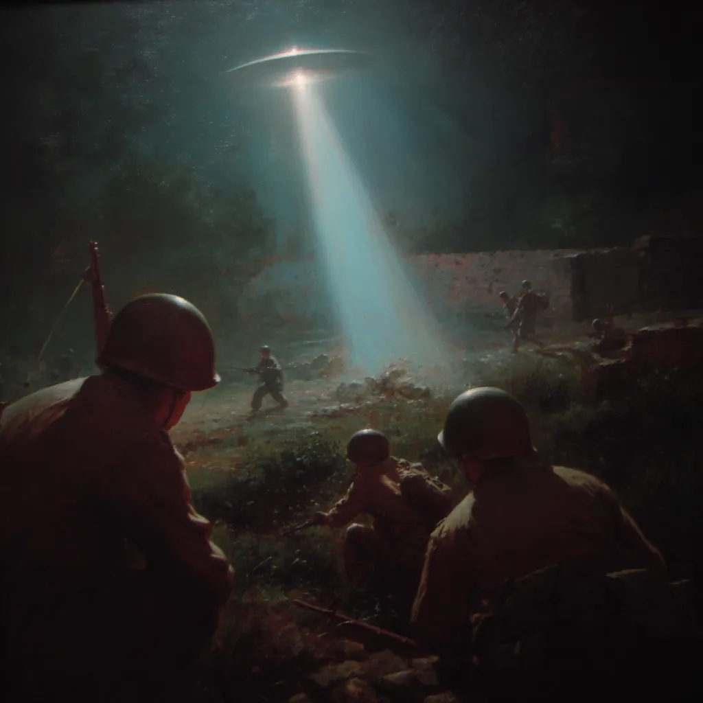 A nighttime scene depicts soldiers in World War II-era uniforms observing a UFO hovering above a battlefield.  A bright beam of light emanates from the craft, illuminating the soldiers and the surrounding rubble.  The atmosphere is tense and mysterious, suggesting an encounter with the unknown. The soldiers are positioned defensively, their rifles at the ready. The overall tone is dark and evocative of a science fiction war story.