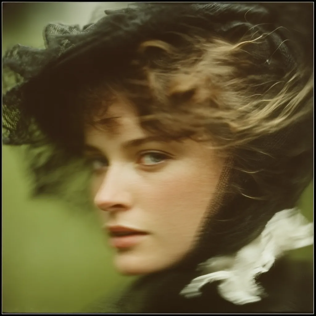 A dreamy portrait of a woman with windswept brown hair partially obscured by a black, lacy bonnet. Her face is softly lit, emphasizing her delicate features and intense gaze. The blurred background suggests movement and a sense of mystery. The overall aesthetic evokes a romantic, timeless quality.