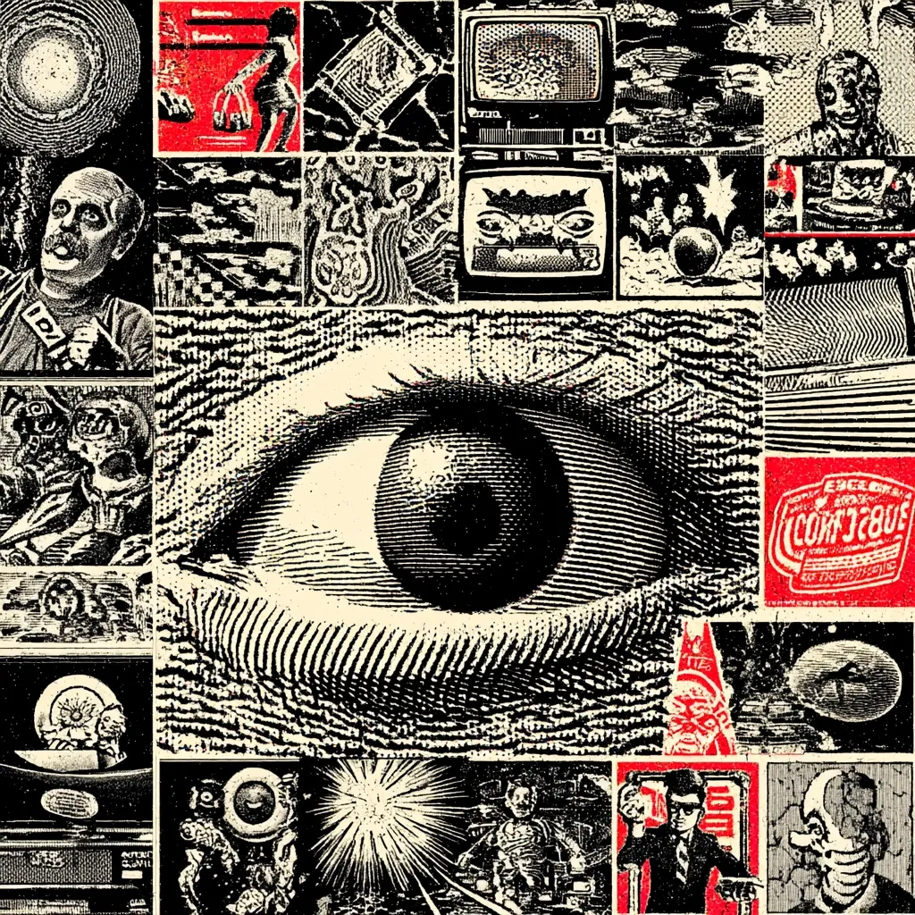 A collage of images in a black and white, woodcut style. A large eye dominates the center, surrounded by smaller panels depicting various scenes: television screens showing distorted faces, figures in strange costumes, and abstract patterns. The overall style is reminiscent of underground comix or surrealist art, creating a chaotic yet intriguing visual narrative. The red accents highlight certain elements, adding contrast to the predominantly dark tones.