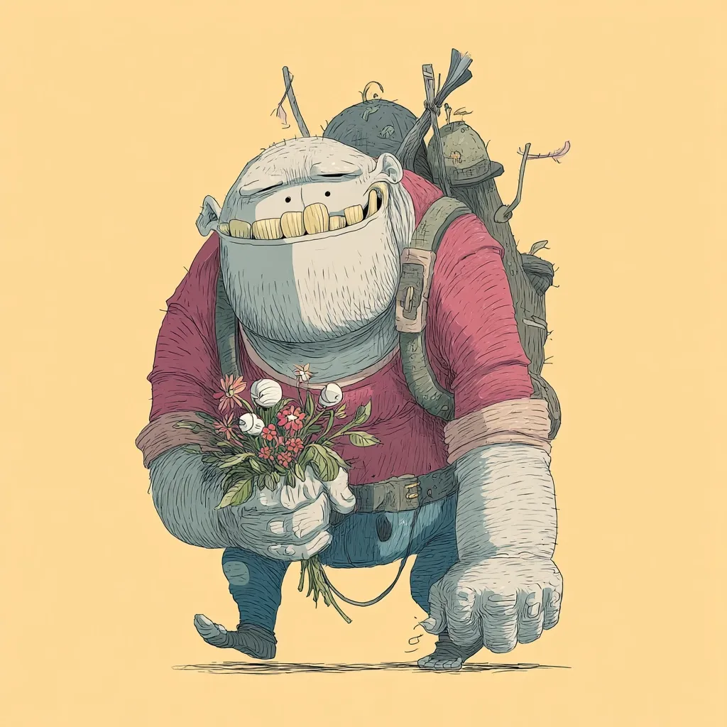 A whimsical illustration depicts a large, furry, smiling creature carrying a sizable backpack adorned with various trinkets and weapons.  He's dressed in a maroon shirt and blue pants, and is gently holding a bouquet of flowers.  The character's expression is kind and his overall appearance suggests a gentle giant despite his unusual attire and weaponry. The background is a pale yellow.