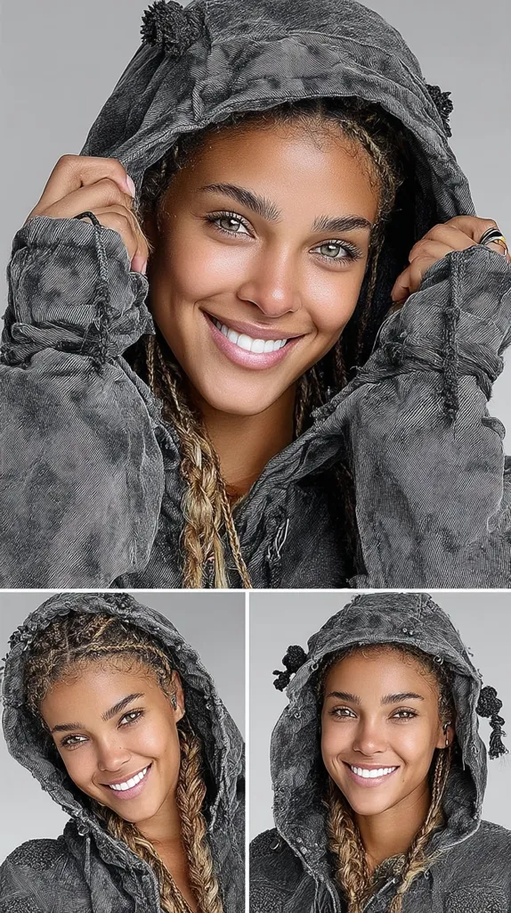 A young woman with long, braided hair models a dark gray hooded jacket.  The jacket has a distressed, worn look with visible texture and small decorative pom-poms on the hood.  The model smiles warmly at the camera, showcasing the relaxed fit and comfortable style of the garment.  The images show the jacket from different angles, highlighting its details.