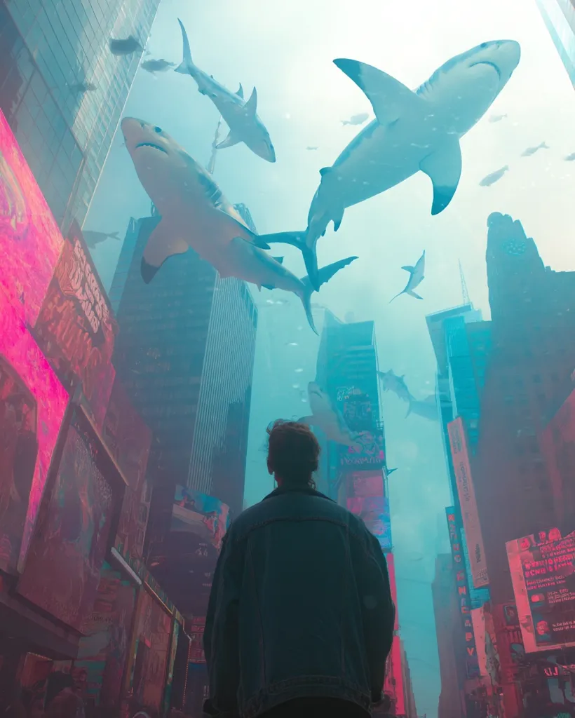 A surreal cityscape, possibly Times Square, is depicted with several large sharks swimming overhead.  The scene is rendered in a vibrant, dreamlike style with teal and pink hues dominating. A lone figure with their back to the viewer stands in the street, observing this unusual aquatic invasion of the urban environment. The overall mood is both unsettling and captivating.
