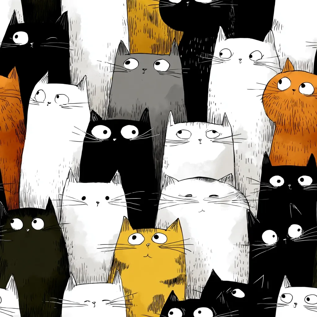 A whimsical illustration features a dense crowd of stylized cats, predominantly white, black, and orange.  The cats are drawn in a simplistic, cartoonish manner with exaggerated features, large eyes, and varying expressions.  They are closely packed together, creating a playful and slightly chaotic scene.  The color palette is limited, adding to the overall simplistic charm.