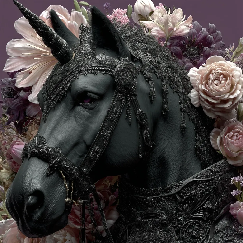 A dark, majestic unicorn's head and shoulders are elegantly adorned with intricate, black, ornate bridle and armor.  The creature is surrounded by a profusion of delicate pink and purple flowers, creating a striking contrast between the dark horse and the vibrant blossoms. The image evokes a sense of gothic fantasy and regal power.