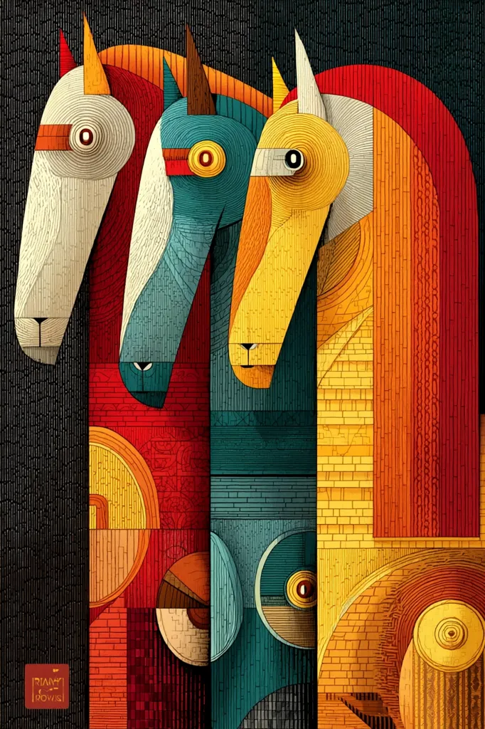 A vibrant, geometric artwork depicts three stylized horses standing side-by-side.  Each horse is rendered in a distinct color palette of warm oranges, reds, and cool teal and blues, with intricate linear patterns creating a textured effect.  The horses' forms are simplified, yet their heads are detailed, showcasing a unique artistic style that blends geometric abstraction with representational elements. The background is a dark, textured surface which contrasts with the bright colors of the horses.
