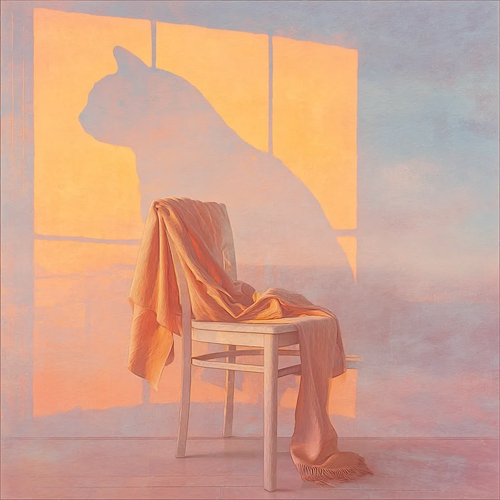 A pale wooden chair sits draped with a peach-colored shawl in a room bathed in warm, sunset light.  A large, indistinct shadow of a cat is cast on the wall behind the chair from a nearby window, creating a serene and slightly melancholic atmosphere. The soft hues and muted tones evoke a sense of quiet contemplation.