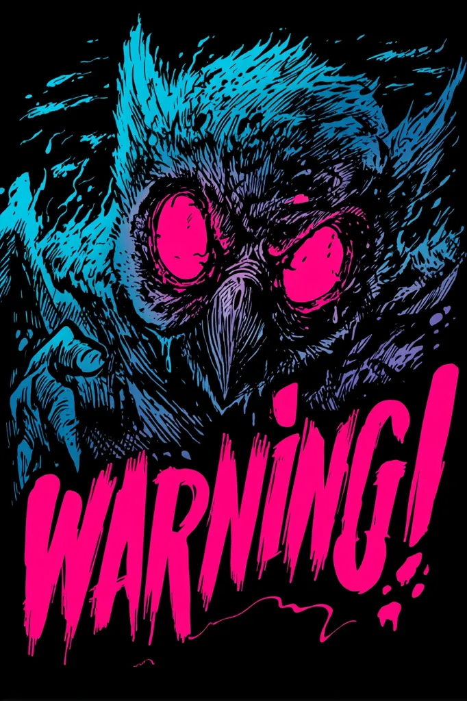 A stylized illustration of a menacing owl dominates the image, its vibrant blue and purple plumage contrasting with bright pink eyes.  The owl appears aggressive, its claws extended.  The word "WARNING!" is prominently displayed in bold, pink lettering below the owl, emphasizing a sense of danger and urgency. The overall style is dark, graphic, and slightly unsettling.