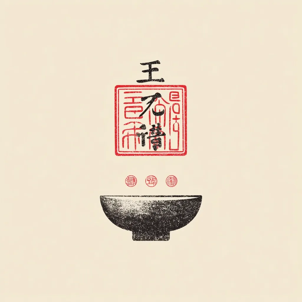 The image features a minimalist design with East Asian aesthetics.  A large red square seal with black Chinese characters is centrally positioned above a simple, dark grey bowl.  Smaller, similar seals are subtly placed beneath the bowl. The overall style suggests a sense of calm and traditional artistry.  The beige background enhances the simplicity and focus on the central elements.