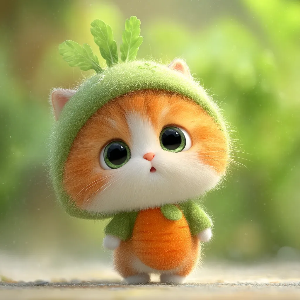 An adorable, cartoonish kitten is depicted wearing a green carrot costume.  Its large, expressive green eyes and fluffy orange fur make it incredibly endearing. The kitten's outfit features green leaves on top and an orange carrot body. The background is a softly blurred green, enhancing the focus on the charming feline.  The overall style is cute and whimsical.