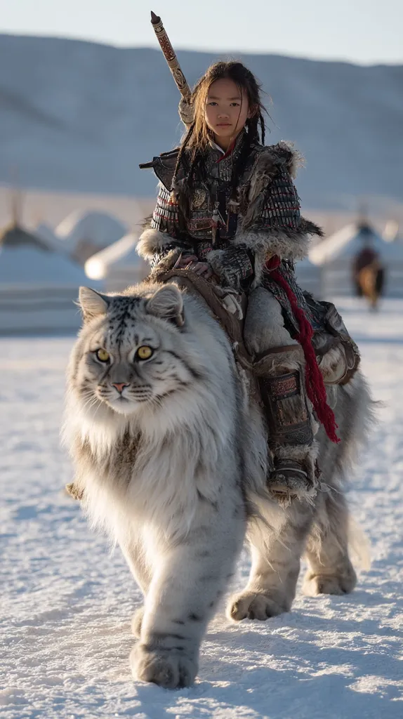 A young girl in traditional Mongolian attire sits astride a large, fluffy white cat-like creature.  She carries a long weapon across her back.  The scene is set in a snowy landscape with yurts visible in the distance, suggesting a nomadic setting. The girl's serious expression and the majestic animal create a striking image.