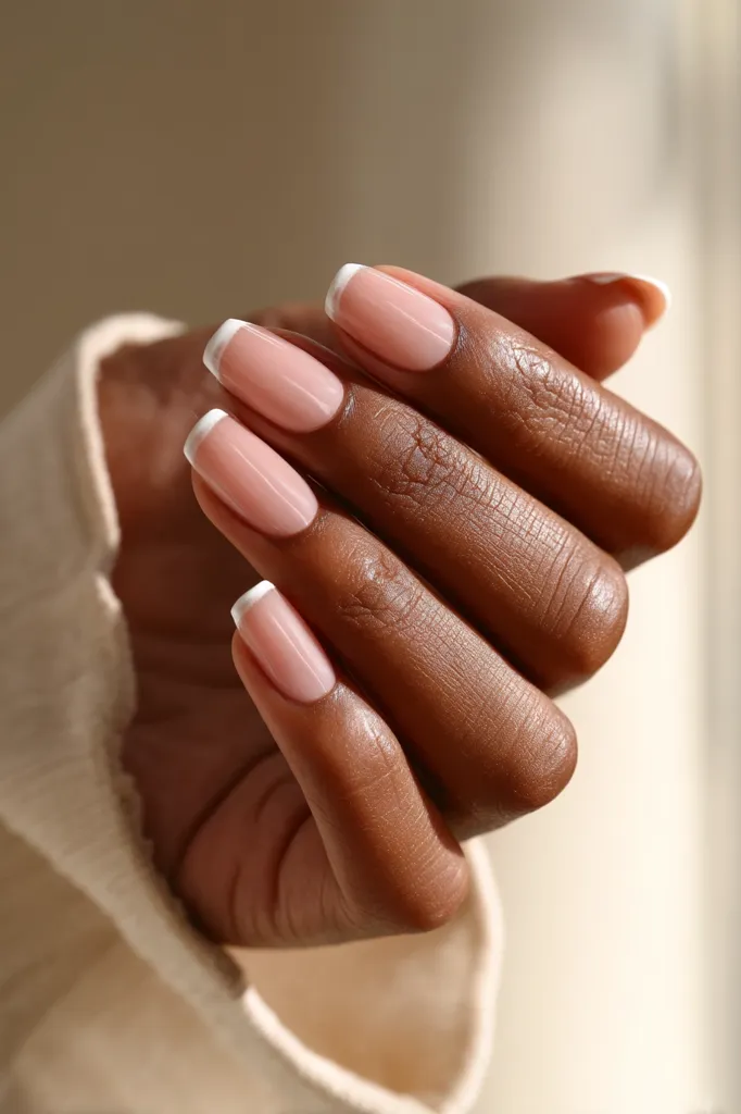 Close-up view of a hand with a soft, neutral pink manicure featuring a classic French tip.  The nails are long and elegantly shaped, showcasing a subtle contrast between the nude pink base and the crisp white tips. The skin tone is rich and warm, contrasting beautifully with the delicate nail design. The image is softly lit, highlighting the smooth texture of both the nails and skin.