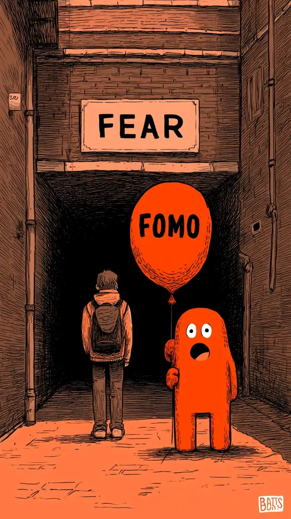 A person with a backpack walks down a dark alleyway. Above the entrance, a sign reads "FEAR."  An orange creature carrying a balloon that says "FOMO" stands before them. The illustration uses a dark, comic book style, suggesting the fear of missing out (FOMO) as a source of anxiety in a potentially fearful situation. The overall mood is apprehensive.