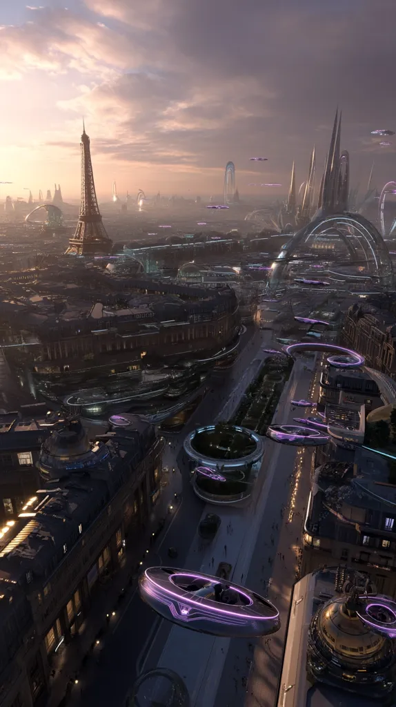 A futuristic cityscape blends Paris's iconic Eiffel Tower with advanced architecture.  Flying vehicles gracefully navigate wide boulevards amidst sleek, modern buildings.  The setting sun casts a warm glow on the scene, creating a captivating blend of old-world charm and cutting-edge technology.  The image evokes a sense of a vibrant, technologically advanced future.