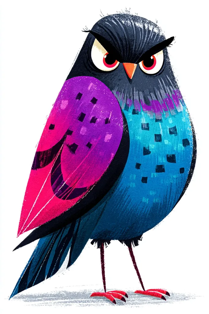 A vibrant, stylized bird illustration is presented. The bird is plump, with a predominantly teal body and bright pink and purple accents on its wings. Its dark head is adorned with ruffled, black feathers, and it has intense, red eyes, giving it an angry expression. The bird stands on slender, red legs, showcasing a bold and expressive character. The artwork uses a distinctive painting style with visible brushstrokes.