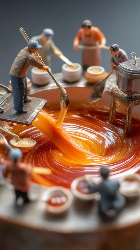 Miniature figures are depicted working around a large vat of swirling, orange liquid.  They use various tools to stir and process the substance, which seems to be a type of molten candy or caramel. The scene is detailed, showing multiple small bowls and tools, creating a whimsical and industrious atmosphere.  The overall effect is one of intricate craftsmanship and vibrant color.