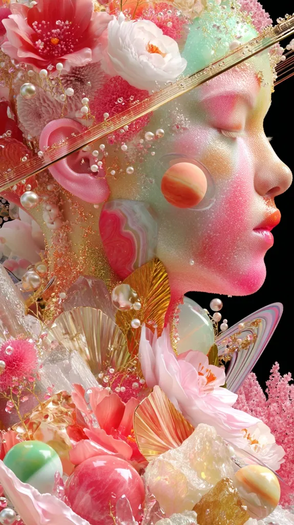 A surreal, close-up image depicts a feminine face adorned with pastel pink and green hues, resembling a celestial being.  The face is interwoven with delicate flowers, pearls, and crystalline structures, creating a dreamy, ethereal effect.  Planetary elements and gold accents add to the fantastical composition, evoking a sense of otherworldly beauty and fragility.