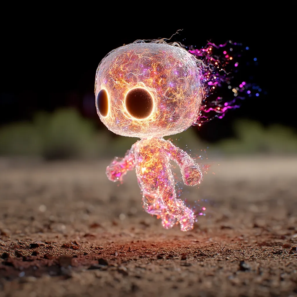 A luminous, ethereal creature, resembling a small humanoid, hovers above a dusty ground. Its body is composed of glowing, interconnected particles of orange, pink, and purple, creating a mesmerizing effect.  Large, dark eyes contrast with the radiant body.  A trail of shimmering particles streams from its head, suggesting movement or energy. The overall impression is one of magic and wonder.