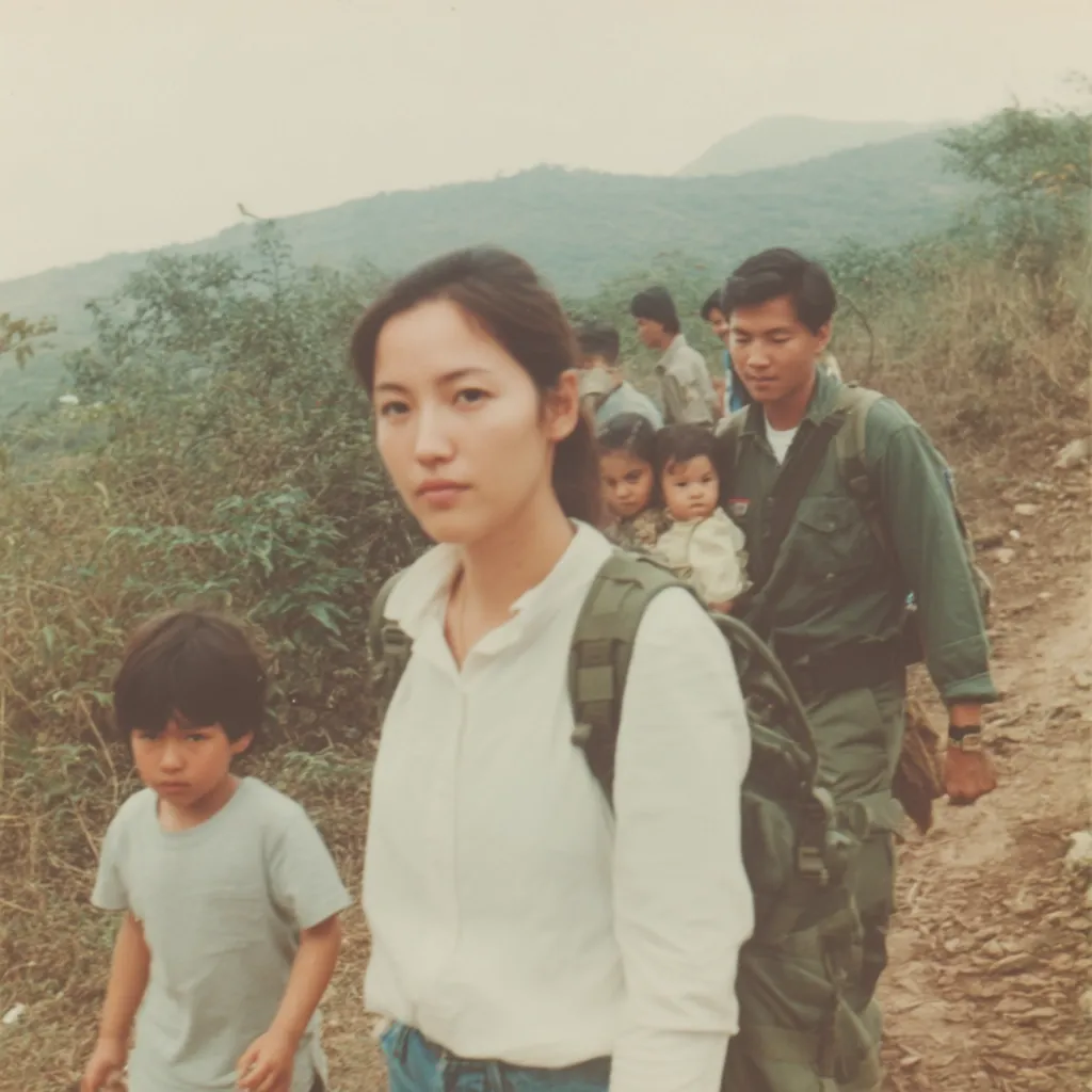 A woman with a backpack leads a group of people on a dirt path through a mountainous landscape.  Children walk beside and behind her, some carried by adults. The background shows lush green hills under a muted sky.  The overall impression is one of travel or a journey through rural terrain. The image has a faded, vintage quality.