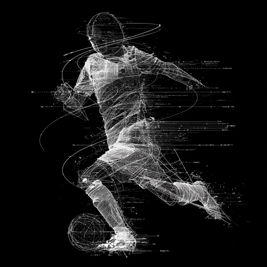 A stylized digital image depicts a soccer player in motion.  The player is rendered as a wireframe of interconnected points, creating a ghostly, almost ethereal effect.  Surrounding the player are swirling lines and digital code, suggesting data streams or motion trails. The overall aesthetic is futuristic and abstract, focusing on the dynamism of the sport.