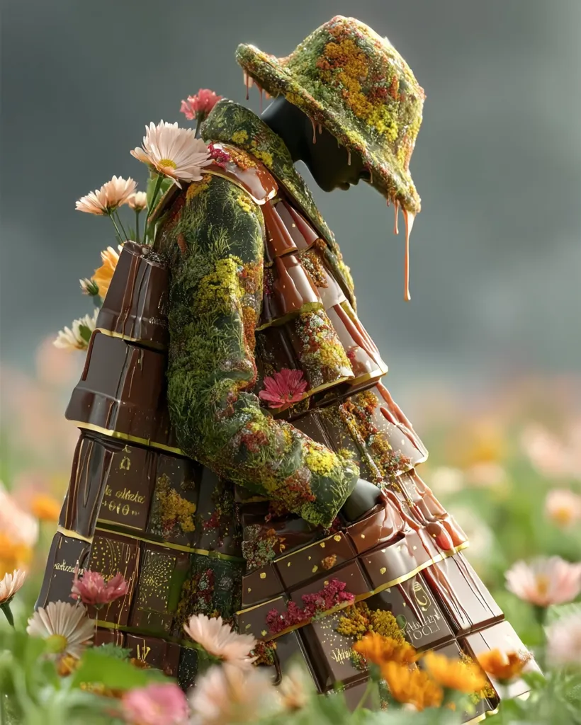 A digital artwork depicts a figure adorned in a dress constructed from stacked chocolate bars. The dress is intricately decorated with moss, flowers, and glistening chocolate, creating a surreal and whimsical effect. The figure wears a wide-brimmed hat, also decorated with floral elements, and is standing amidst a field of vibrant blossoms.  Melted chocolate drips from the hat and dress, adding to the unique aesthetic. The overall impression is one of fantasy and artistic confectionery.
