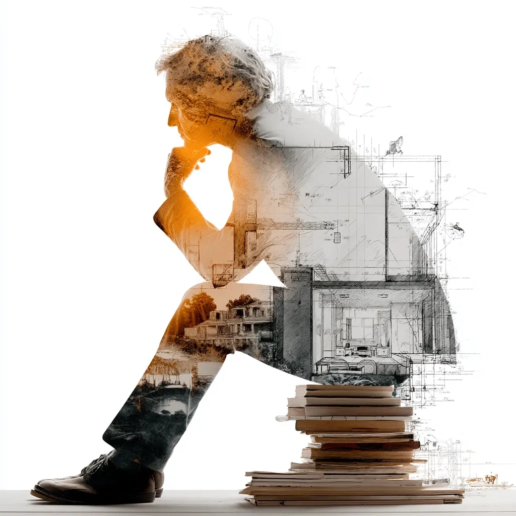 A double exposure image depicts a man sitting thoughtfully, his form overlaid with architectural blueprints and house designs.  He's seated on a stack of books, suggesting contemplation and the creative process. The warm tones of the man contrast with the cool grayscale of the architectural drawings, symbolizing the blend of imagination and technical precision in design.  The overall impression is one of deep thought and creative endeavor.