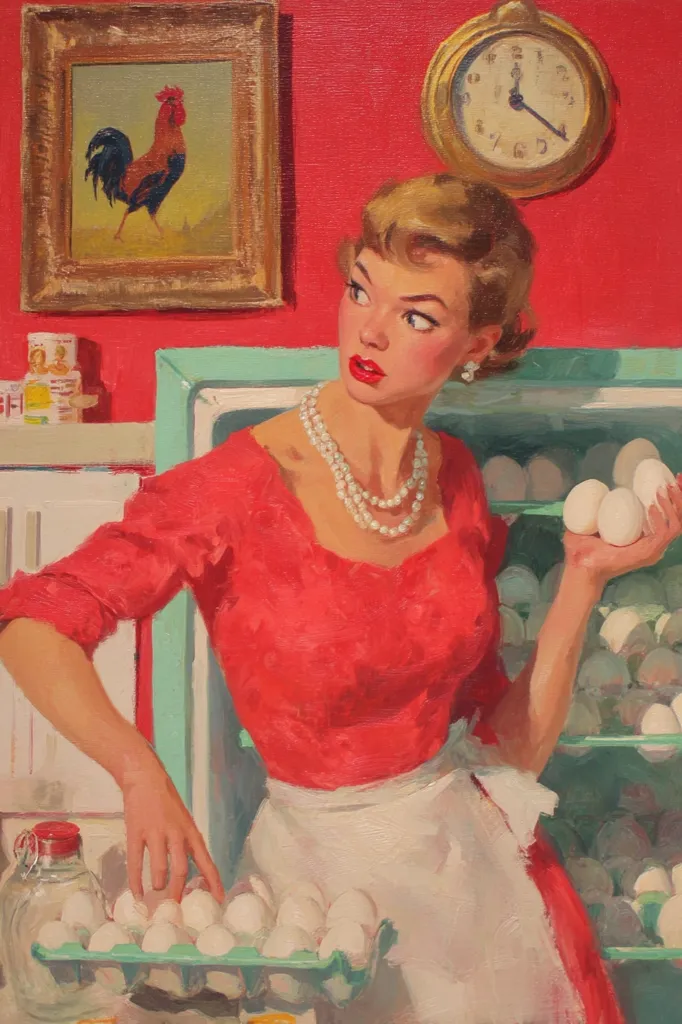 A 1950s housewife, in a red dress and pearl necklace, stands in her kitchen.  She gazes over her shoulder with a concerned expression, holding a few eggs while a refrigerator packed with eggs is behind her. A clock on the wall shows the time, and a painting of a rooster hangs above the counter. The scene is a nostalgic portrayal of domestic life.