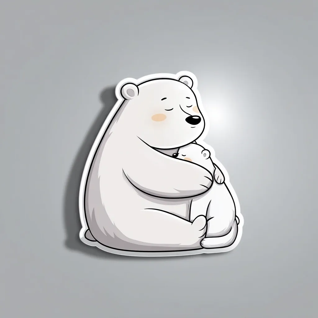 A heartwarming illustration depicts a large polar bear tenderly embracing a smaller polar bear cub.  The adult bear's eyes are gently closed, conveying a sense of peace and love. The cub is nestled securely within its mother's arms, creating a charming image of parental affection.  The style is cartoonish, with soft lines and a simple color palette.  The overall impression is one of warmth and familial bond.
