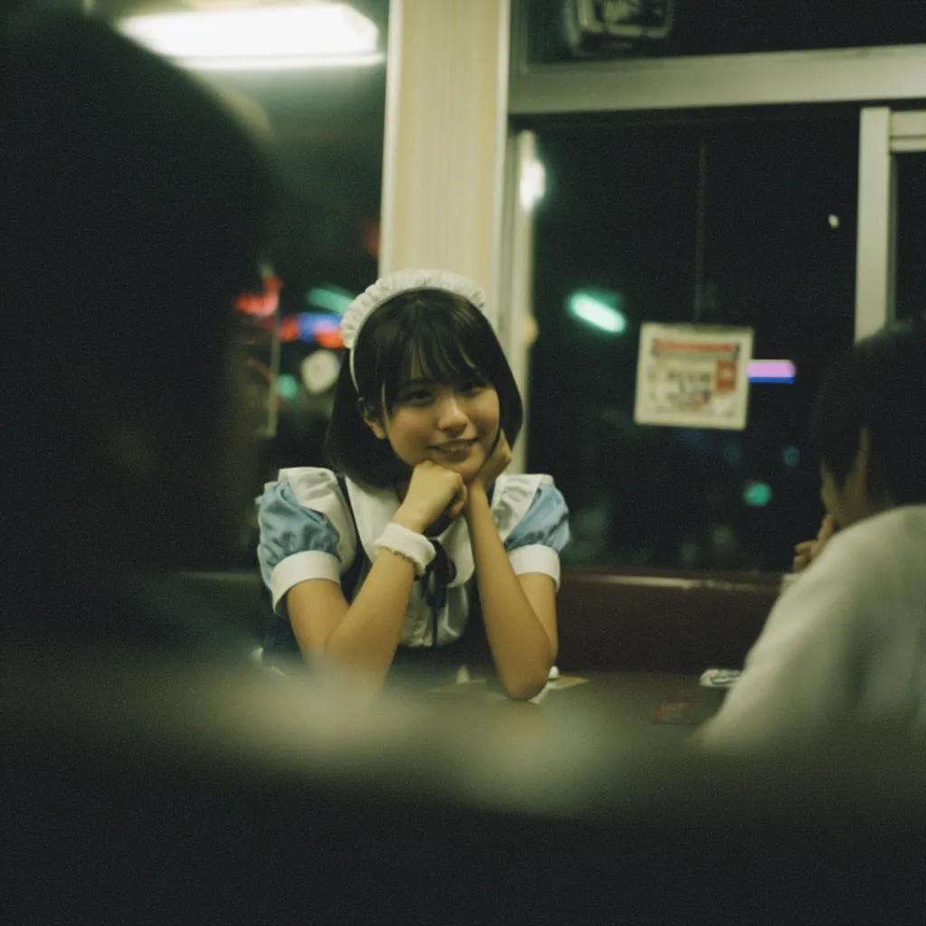 A young woman, dressed in a maid outfit, sits at a table in a dimly lit restaurant.  She rests her chin on her hands, smiling softly at something off-camera. The background is blurred, showing a window and another person partially visible. The overall atmosphere is nostalgic and intimate. The image has a grainy, film-like quality.