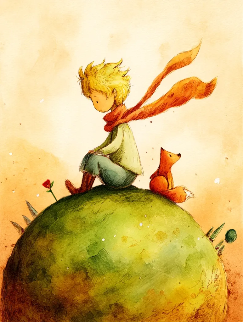 A watercolor painting depicts the Little Prince, with blond hair and an orange scarf, sitting on a small, green planet.  A small fox sits beside him. A single red flower sprouts from the planet's surface. The style is whimsical and evocative of Antoine de Saint-Exupéry's classic tale.  The background is a soft, warm sunset hue.