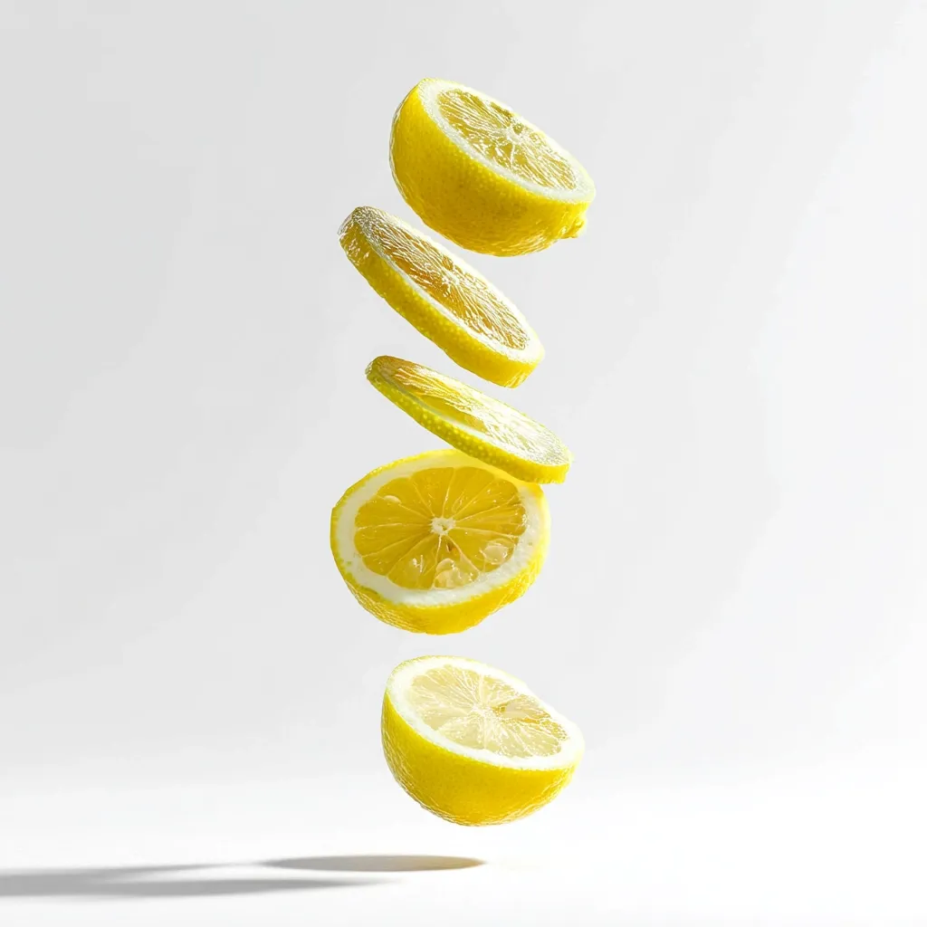 Five lemon slices are suspended in mid-air against a bright white background.  The slices are arranged vertically, one atop another, creating a visually appealing, dynamic image. The bright yellow lemons appear juicy and fresh, with visible segments and a slight sheen. The overall composition suggests lightness and freshness, ideal for a food or beverage advertisement.