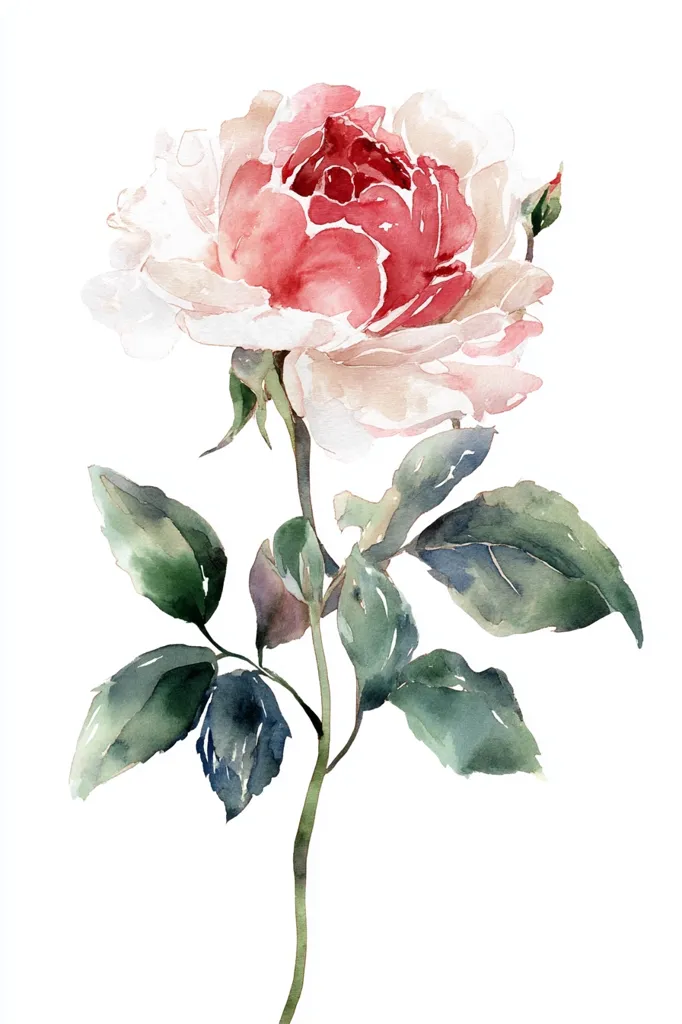 A watercolor painting of a single rose. The rose is predominantly pink and white, with a deep red center. The petals are loosely painted, giving a soft, romantic feel.  The leaves are a muted green and grey-green, adding to the delicate, almost ethereal quality of the artwork.  The stem extends elegantly downwards. The style is loose and impressionistic.