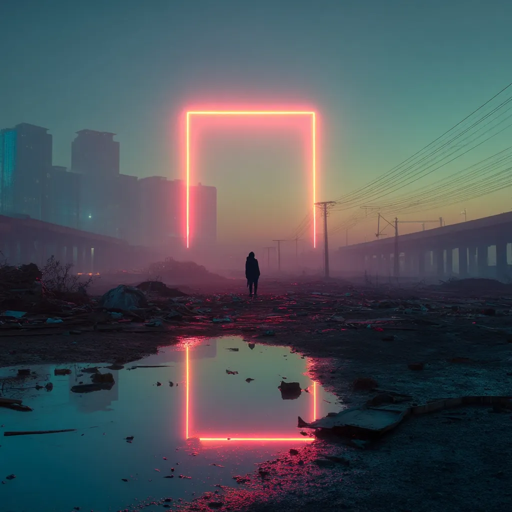 A lone figure stands in a desolate, post-industrial landscape at dawn.  A large, glowing neon pink square frame hovers in the mist, seemingly a portal between the dilapidated urban sprawl and a possibly brighter future. The scene is atmospheric and evokes feelings of loneliness and uncertainty.  The frame's reflection shimmers in a puddle, mirroring the surreal and evocative quality of the image.