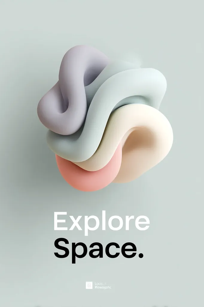 A pastel-colored abstract image features three intertwined, organic shapes in shades of lavender, light blue, cream, and pale pink.  The forms appear soft and almost fluid, creating a sense of movement and depth.  The text "Explore Space." is prominently displayed below, suggesting a theme of exploration and boundless creativity. The overall aesthetic is minimalist and calming.