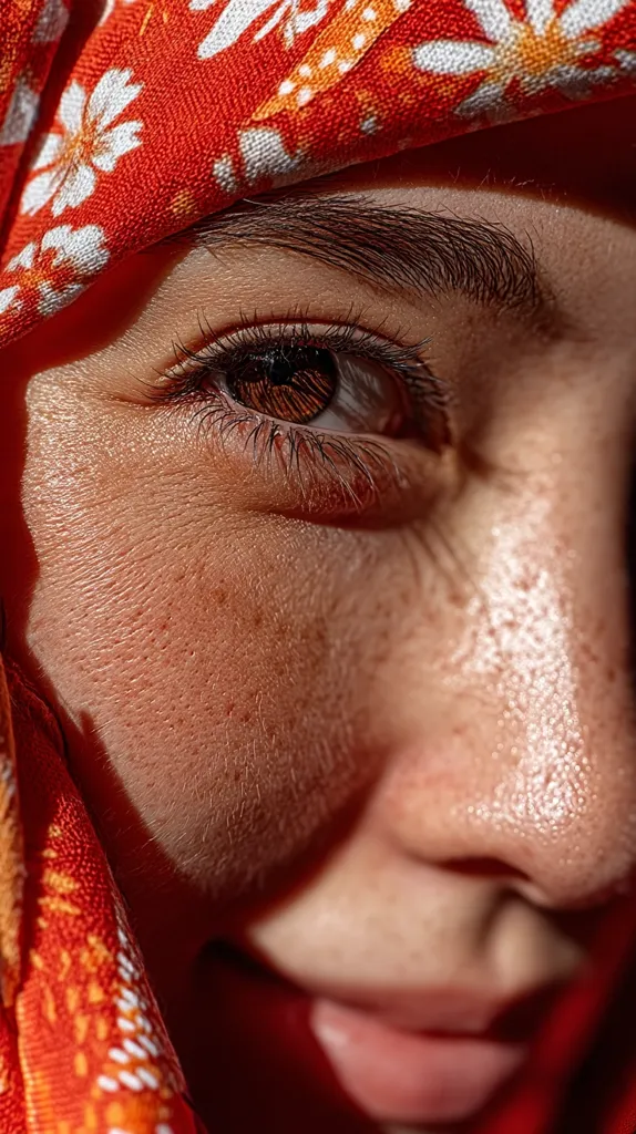 Close-up of a person's eye and part of their face.  The person is partially covered by a vibrant orange scarf with a white floral pattern.  The image focuses on the eye's detail, showing the lashes, iris, and skin texture.  The skin has a warm tone and visible pores.  The overall feel is intimate and emphasizes natural beauty.