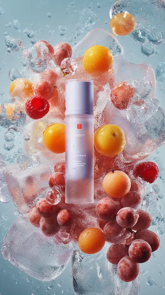 A bottle of Kosmlyn Beauty Moisturizer is nestled amongst vibrant red raspberries, juicy grapes, and bright orange plums, all suspended in melting ice cubes. The scene is captured against a soft blue backdrop, creating a refreshing and visually appealing image emphasizing the product's cooling and hydrating qualities.  The overall aesthetic suggests a skincare product with a natural, fruity essence.