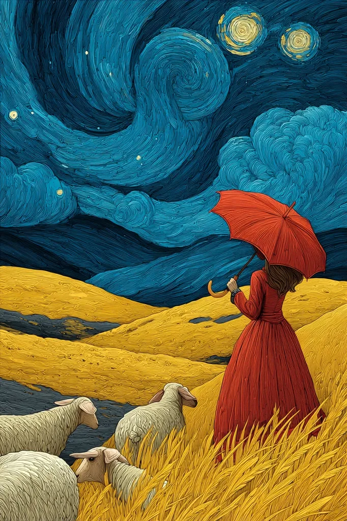 A woman in a red dress holds a red umbrella, standing in a golden field under a swirling, starlit sky reminiscent of Van Gogh's "The Starry Night."  Three sheep graze peacefully in the foreground. The artist's style employs thick, textured brushstrokes to create a dreamlike, impressionistic effect, blending realism with a painterly interpretation of the scene.