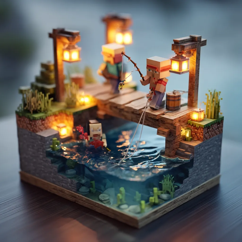 A meticulously crafted Minecraft-inspired diorama depicts a tranquil fishing scene.  Two pixelated figures stand on a wooden dock, casting fishing lines into a realistically rendered river.  Lanterns illuminate the dock and surrounding landscape, creating a warm, inviting atmosphere.  Another figure is seen happily fishing in the water below, completing the charming miniature world. The diorama is detailed with textured wood, stone, and water effects.