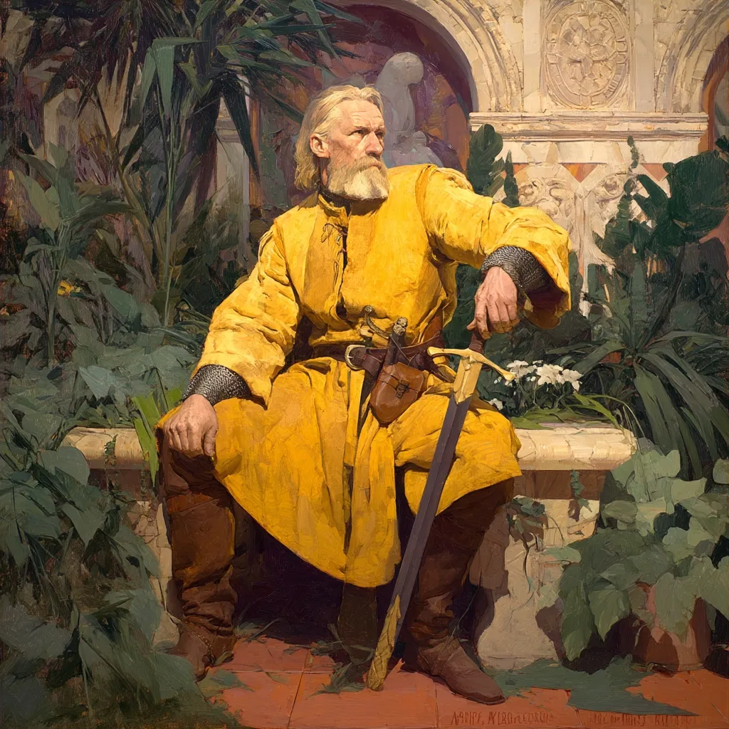 A painting depicts a man in a long yellow tunic and brown boots, seated on a stone bench amidst lush greenery.  He has long blond hair and a beard, and holds a sword. His attire suggests a medieval or fantasy setting. The background features ornate stonework, creating a contrast between the man's simple yet regal clothing and the rich architecture.  The overall style is realistic with a painterly approach emphasizing texture and light.