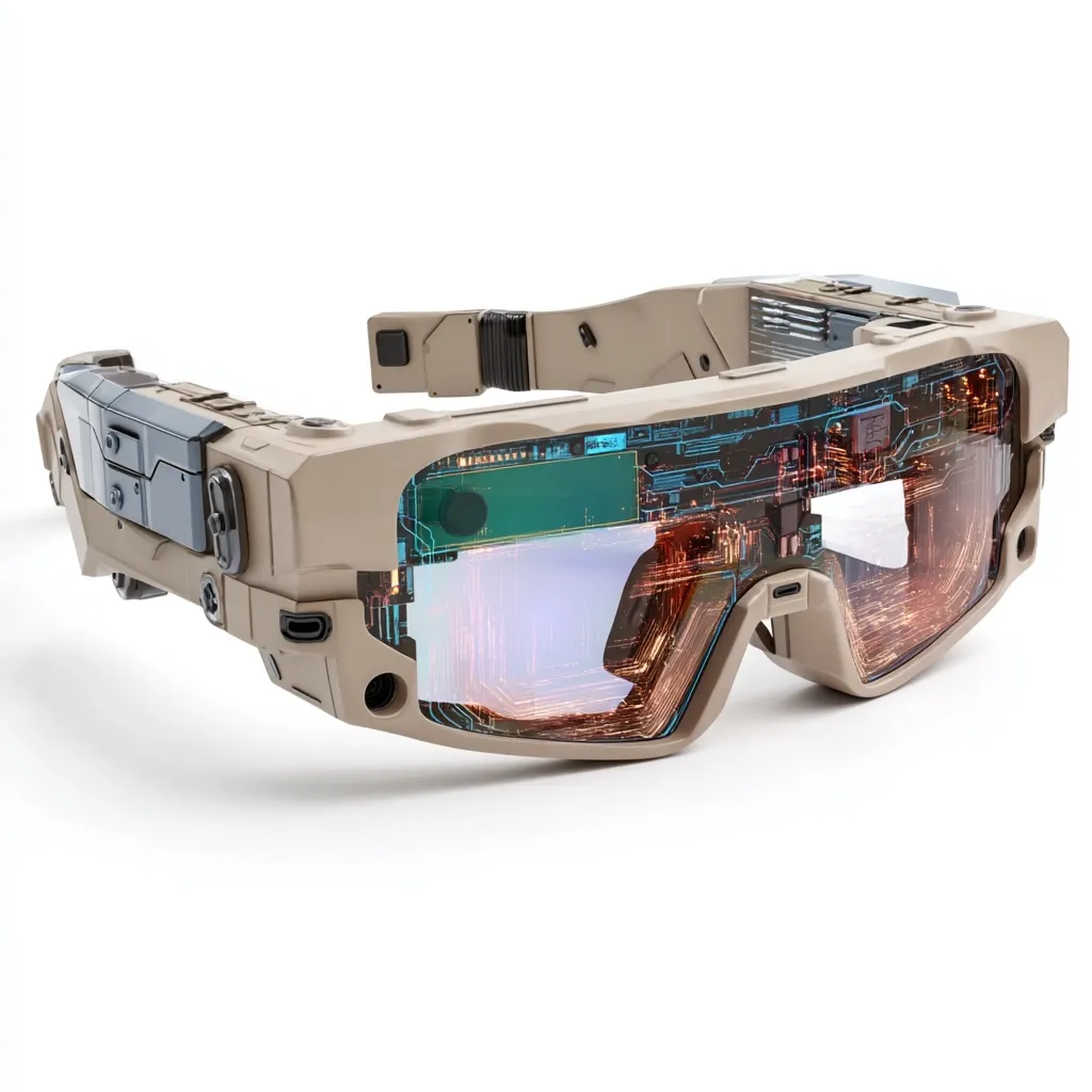 A pair of futuristic tan goggles are showcased against a white backdrop.  The eyewear boasts a robust, tactical design with visible internal circuitry and translucent lenses, suggesting augmented reality capabilities.  The design incorporates various technological components, hinting at advanced features and functionality.  The overall aesthetic blends military-inspired ruggedness with high-tech sophistication.