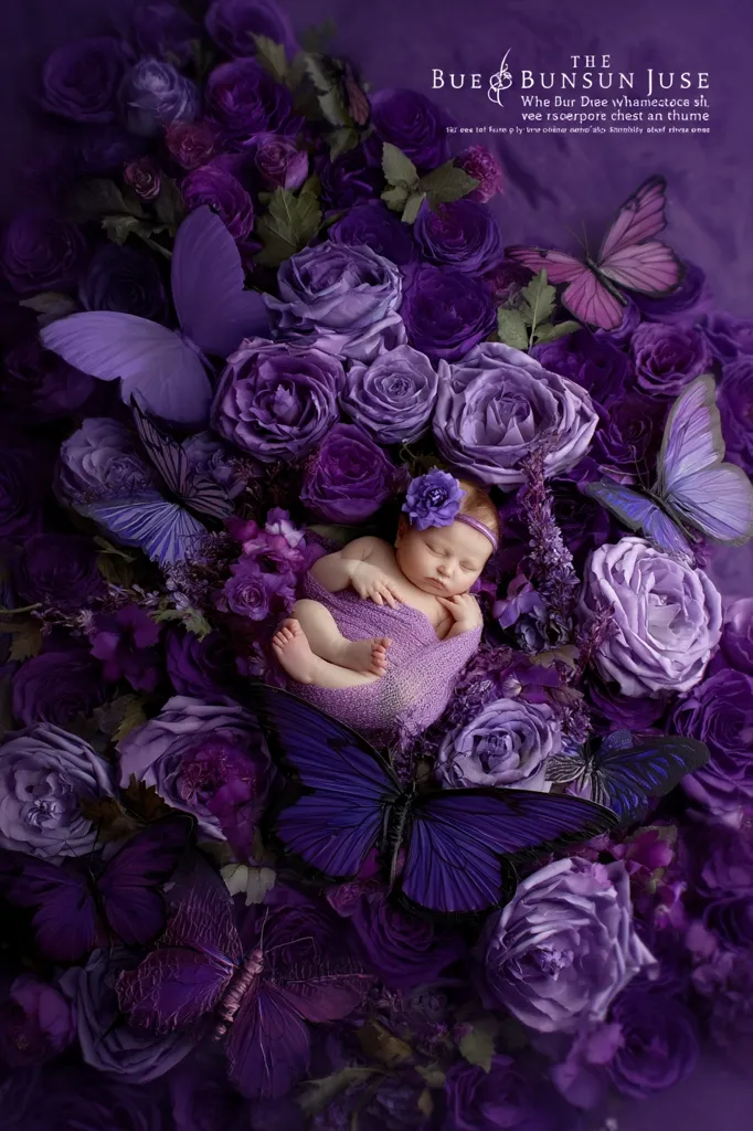 A newborn baby girl sleeps soundly nestled amongst a profusion of deep purple roses and large, artificial butterflies.  The baby is swaddled in a matching purple wrap and wears a delicate floral headband. The image is a striking display of color and texture, creating a dreamy and ethereal effect.  The overall tone is luxurious and sophisticated.