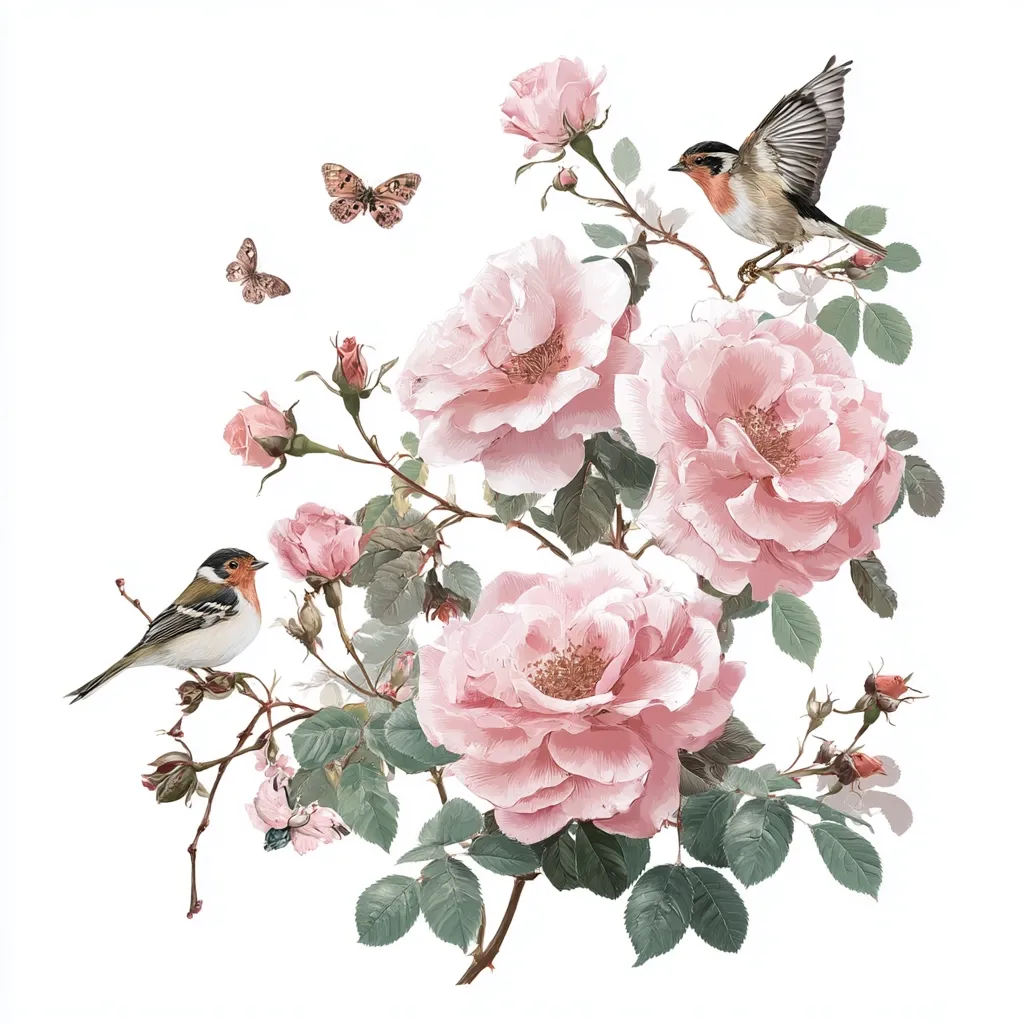 A delicate watercolor painting showcases a lush rose bush adorned with pale pink blossoms. Two small birds perch on branches amongst the roses, one in flight, adding a touch of life to the scene.  Butterflies flutter nearby, completing the idyllic, romantic floral arrangement against a stark white background. The painting is rendered with soft, romantic tones.