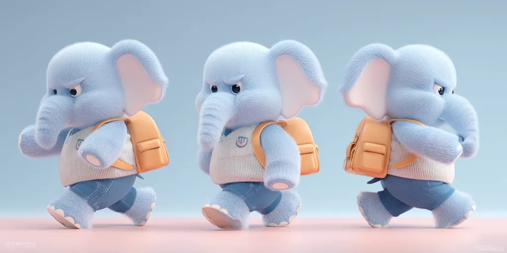 Three adorable, light-blue, fluffy baby elephants are depicted walking in a row. Each elephant carries a small, light-orange backpack and wears a light-blue sweater and jeans. Their expressions appear slightly grumpy, adding a touch of humor to their cute appearance.  The background is a pale-blue, and the ground is a soft pink, creating a gentle and whimsical scene.