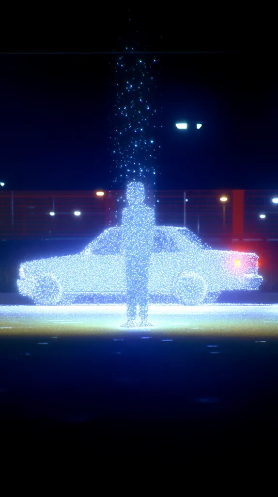 A nighttime scene depicts a person and a car, both rendered as shimmering constellations of light.  The figures stand before a car, seemingly emerging from or dissolving into a stream of sparkling particles. The background features blurred city lights and a dark sky, creating a surreal and ethereal atmosphere.