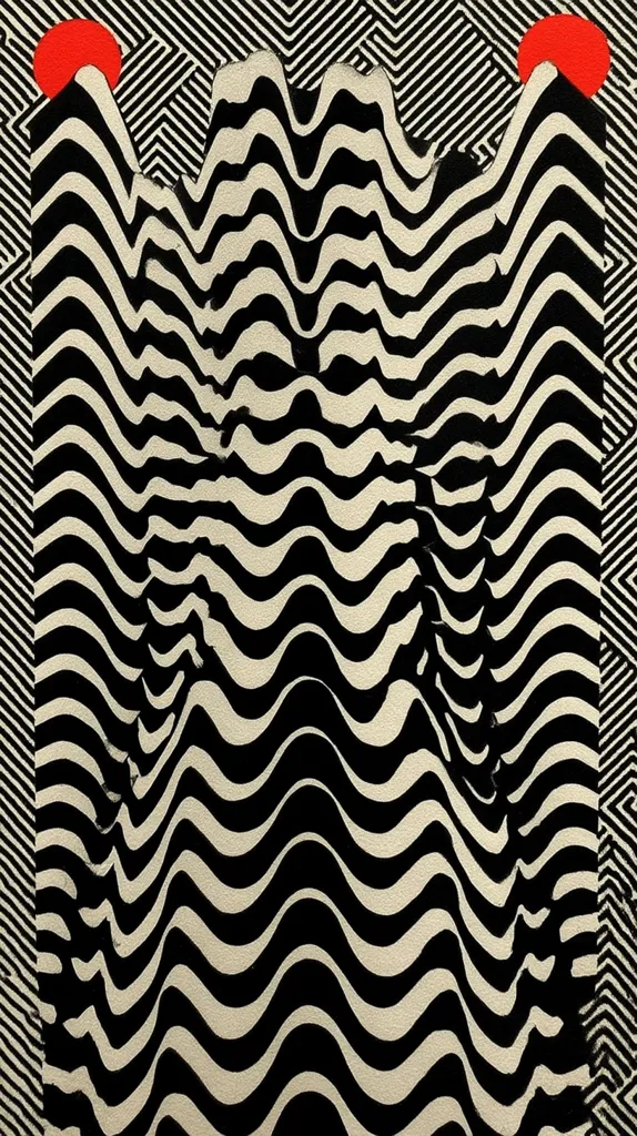The artwork presents a striking visual illusion.  Black and white wavy lines create a three-dimensional effect, resembling undulating hills or waves. Two bright red circles, positioned at either side of the top, add a pop of color against the monochromatic background. The pattern's hypnotic quality suggests depth and movement, creating an intriguing interplay between form and perception.  The background features a geometric pattern of intersecting lines.