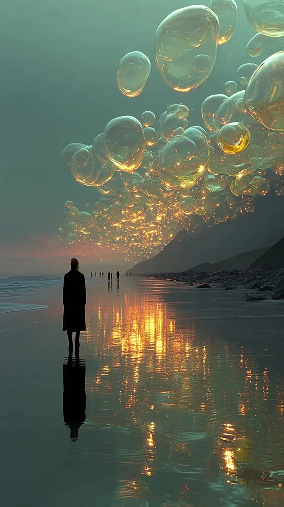 A solitary figure walks a tranquil beach at sunset, silhouetted against a breathtaking spectacle.  Numerous luminous bubbles, glowing with an inner light, float above the calm water, creating a surreal and dreamlike atmosphere.  The reflection of the bubbles and the setting sun shimmer on the wet sand, enhancing the magical scene.  The overall mood is serene and contemplative.