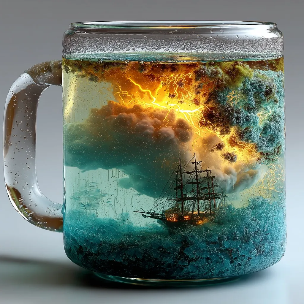 A glass mug contains a miniature, stormy seascape.  A three-masted sailing ship navigates turbulent teal waters beneath a dramatic, lightning-filled sky.  The scene is encapsulated within a liquid medium, creating a captivating, otherworldly effect.  Air bubbles cling to the glass, enhancing the illusion of a contained world within the mug.