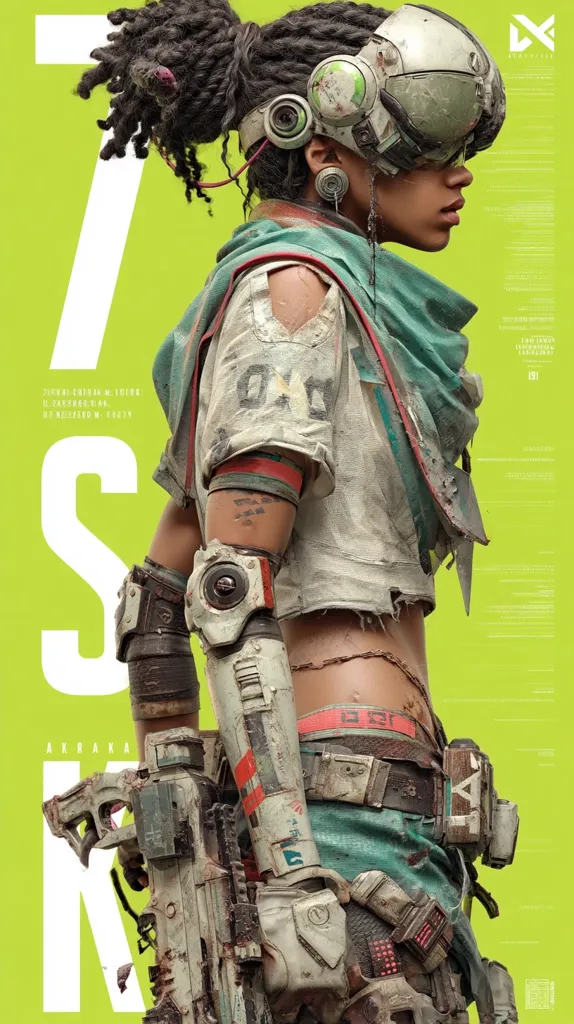 A stylized cyberpunk female character, Akrka, is depicted. She sports a futuristic helmet, tattered clothing, and advanced weaponry.  Her arm features cybernetic enhancements, and her attire suggests a dystopian, post-apocalyptic setting. The vibrant lime green background contrasts with the character's worn, yet powerful appearance.  The overall style is gritty and detailed, hinting at a science fiction narrative.