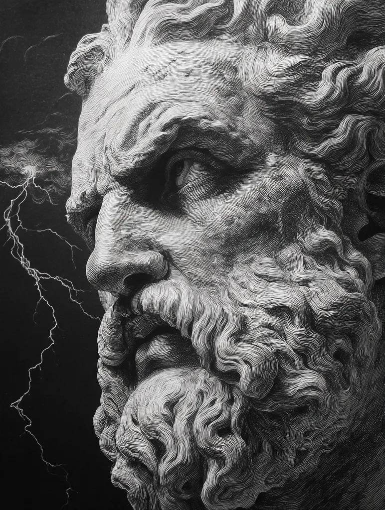 A detailed close-up of a meticulously rendered engraving depicting a weathered, aged male head, possibly a classical bust. The subject's face is etched with deep lines, showcasing a stern expression.  His thick, wavy hair and beard are rendered with fine detail, highlighting individual strands. A stormy backdrop of lightning adds drama and intensity to the image. The overall style evokes a sense of power and stoicism.