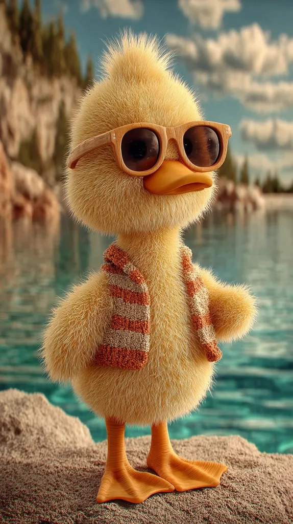 A fluffy yellow duckling, sporting stylish sunglasses and a striped scarf, stands on a sandy beach by a calm turquoise lake.  The duckling's soft fur and adorable expression create a charming scene against the backdrop of tranquil water and distant hills.  The image evokes feelings of warmth, serenity, and cuteness.