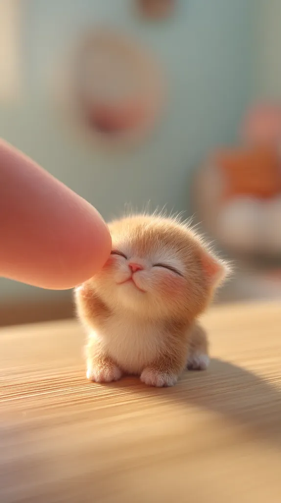 A finger gently touches a tiny, adorable orange kitten sitting on a light brown wooden surface. The kitten's eyes are closed, and it appears content and relaxed.  The background is softly blurred, focusing attention on the heartwarming interaction between the finger and the fluffy kitten. The overall mood is one of peace and gentleness.